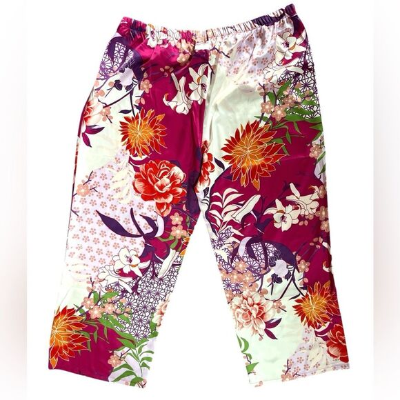Natori Satin Pants Size XL Cropped Wide Leg Elastic Waist Pull On Floral Pants - Picture 3 of 10